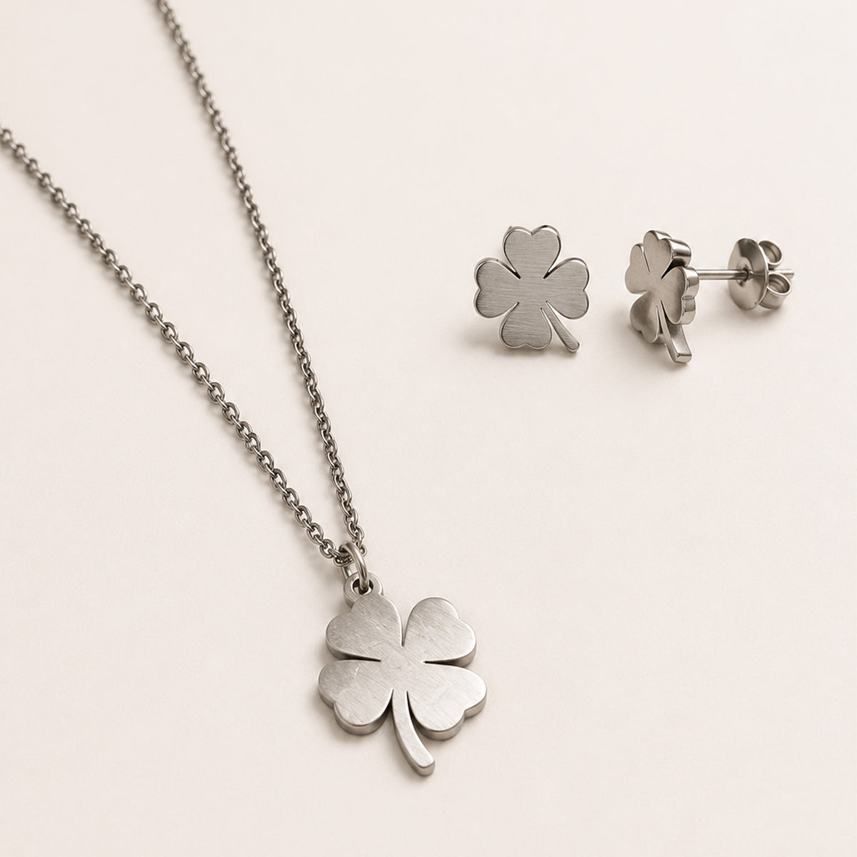 Clover Necklace and Earrings, in steel