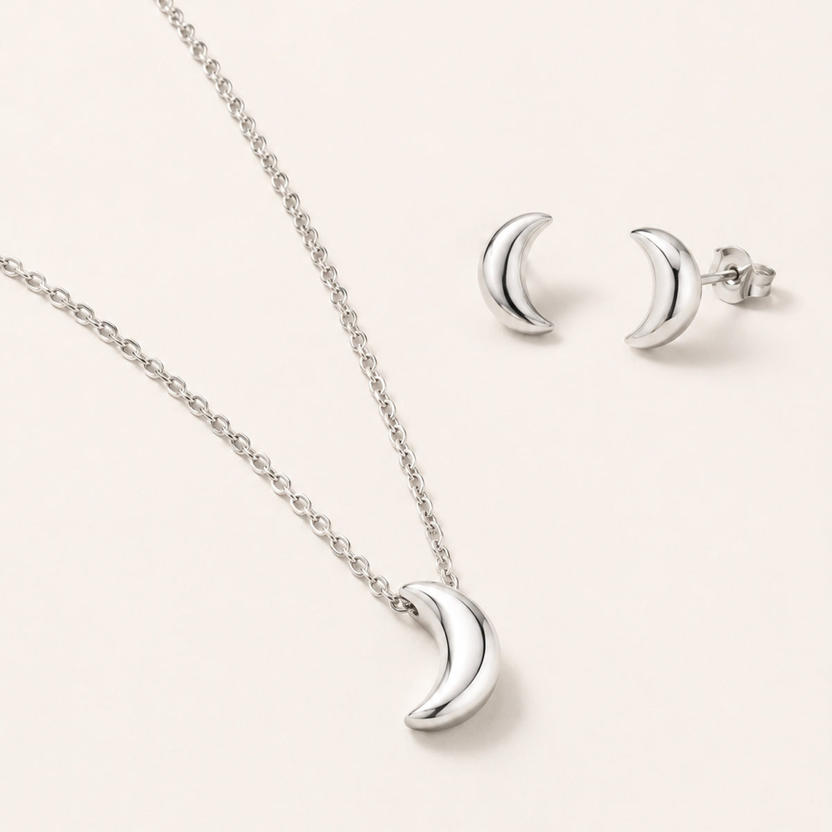 Moon Necklace and Earrings, in steel