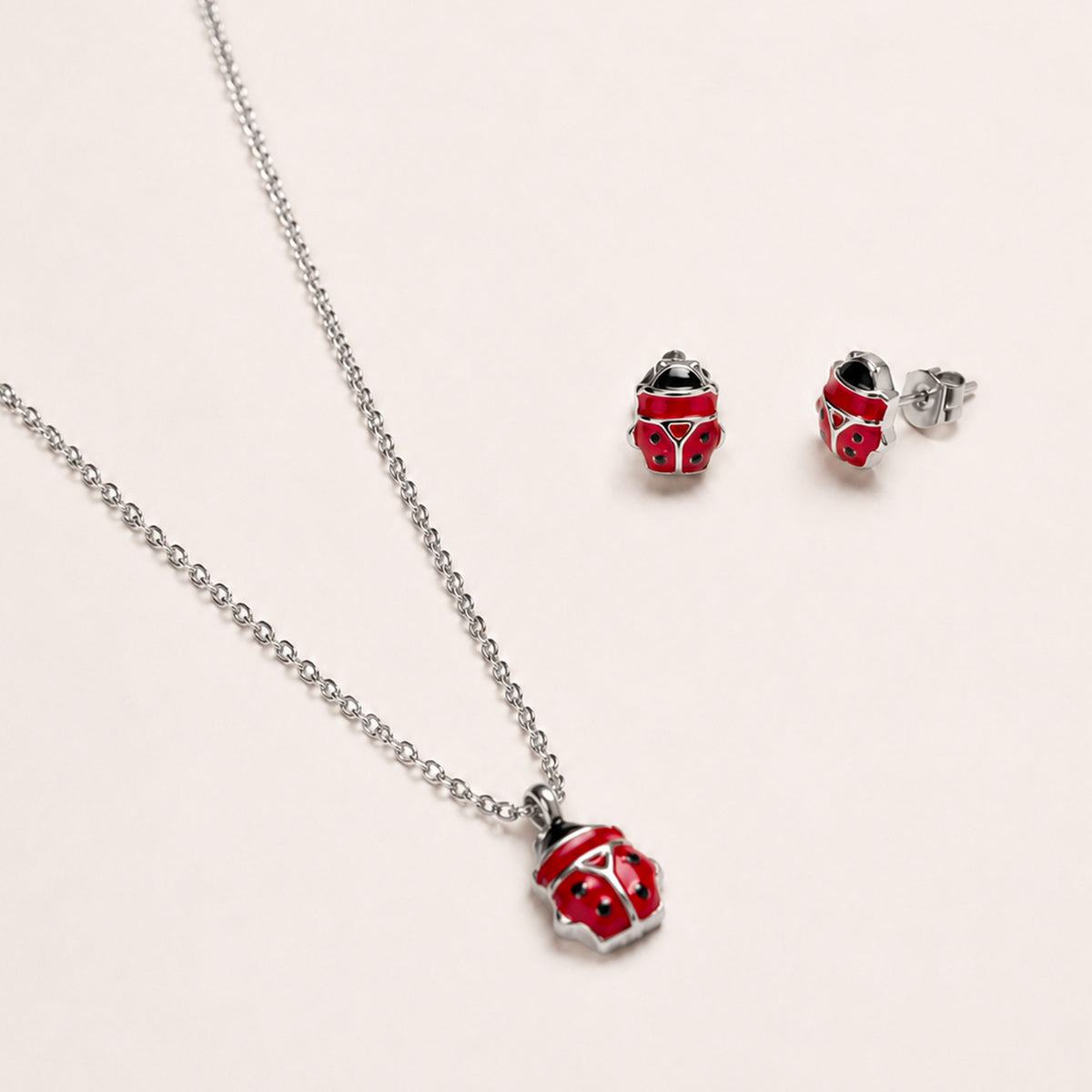 Collana e Orecchini Ladybug, in acciaio