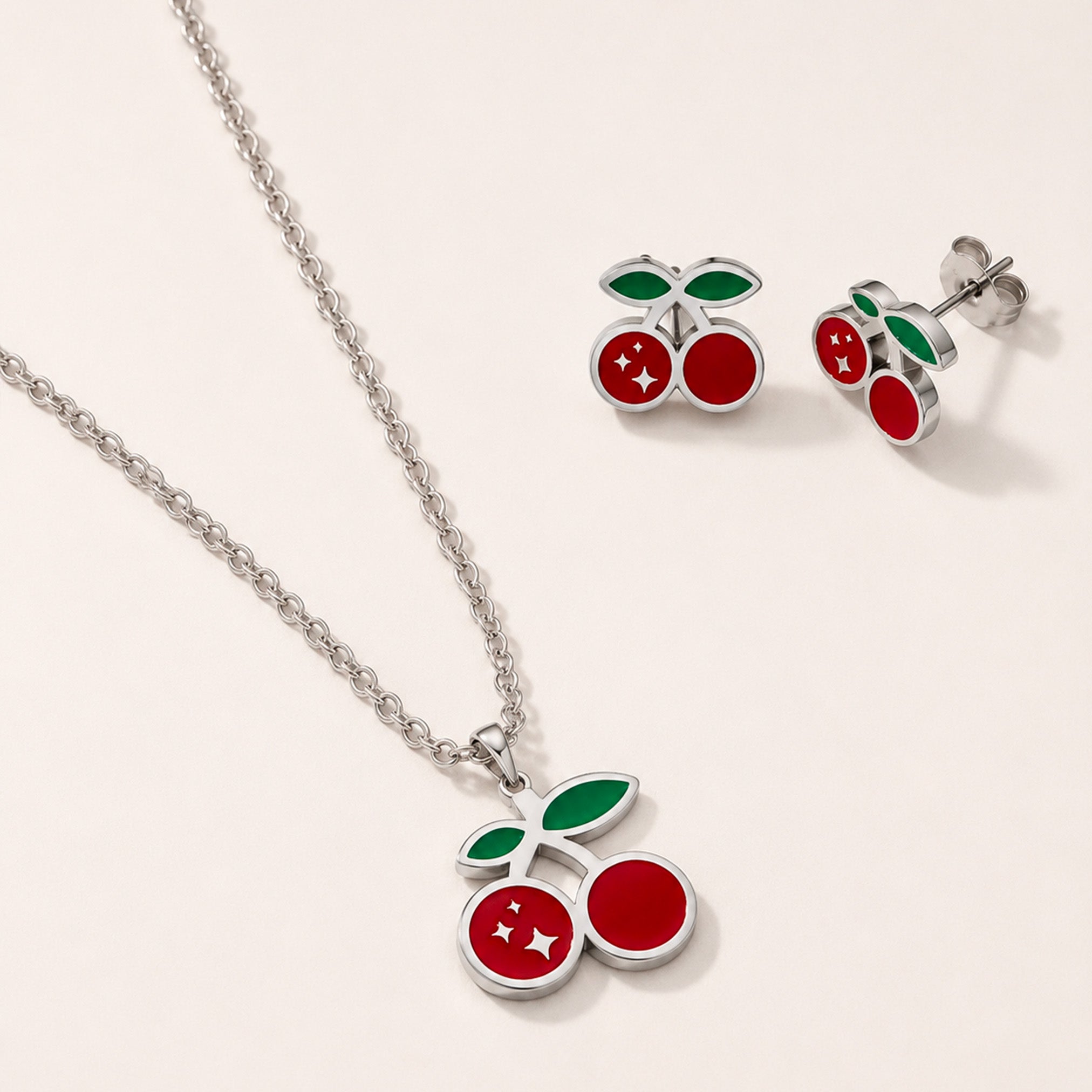Collana e Orecchini Cherry, in acciaio